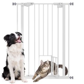 Barrera de seguridad para perros y gatos con puerta pequeña 74-80x104,1 cm blanca