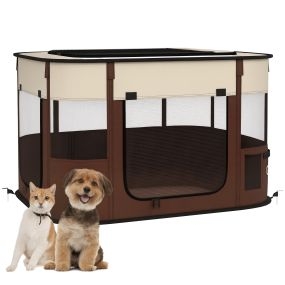 Parque para Perros y Gatos, Corralito Plegable Portátil para Cachorros, Conejos y Cobayas, Tela Impermeable, Bolsillo de Almacenamiento, para Exterior e Interior, 84x64x53 cm, Marrón