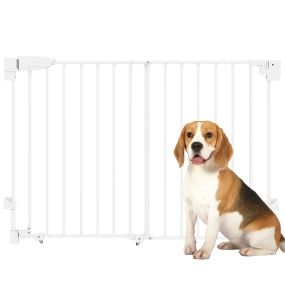 Barrera de seguridad para perros 74,5-111,5 cm con puerta, cierre automático, blanca