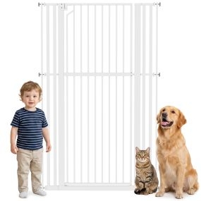 Barrera de Seguridad para Niños Perros y Gatos Extra Alta 160cm Extensible 76-105cm para Puertas Escaleras Valla para Perros Cierre Automático Montaje a Presión Abre 1 Mano 2 Extensiones Blanco
