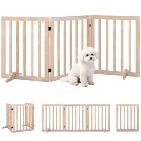 Barrera de Seguridad para Perros de Madera Plegable 3 Paneles para Escaleras Puertas Valla para Perros Pequeños 2 Patas de Apoyo Bisagras Flexibles de 360° para Interiores 150x61 cm Natural