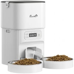 Comedero automático para gatos y perros 4L blanco con 2 cuencos de acero inoxidable