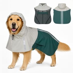 Impermeable para perros con capucha, transpirable, agujero para correa, reflectante, L, verde