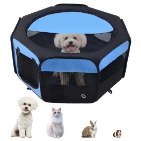 Parque Plegable para Perros y Gatos, Corralito Portátil para Animales Pequeños Impermeable de Tela con 2 Puertas, para Exterior e Interior, Ø90x41 cm, Azul Claro