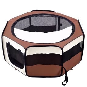 Parque Plegable para Perros y Gatos, Corralito Portátil para Animales Pequeños Impermeable de Tela con 2 Puertas, para Exterior e Interior, Ø90x41 cm, Café