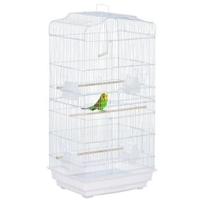 Jaula de metal para pájaros con puertas, 4 comederos, 3 perchas, columpio, bandeja extraíble, blanca, 46,5x35,5x92 cm