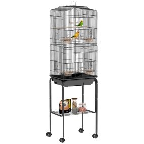 Jaula grande para pájaros con ruedas, estante, 4 comederos, 3 perchas, columpio, bandeja extraíble, negra, 46,5x36x157 cm