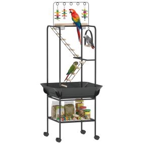 Parque de Juegos para Pájaros, Soporte para Pájaros con Ruedas, Escaleras, Columpio, Protector de Semillas, Bandeja, Comederos, Perchas, Gancho, Estante, para Periquitos Cacatúas, 63x63x163 cm
