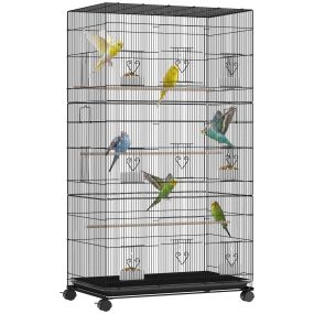 Jaula Grande para Pájaros con Ruedas, Jaula Metálica con 6 Comederos, Bandeja Extraíble, Múltiples Puertas, 3 Perchas de Madera, Pajarera para Periquitos, Agapornis, Ninfas 77x46,5x141 cm Negro