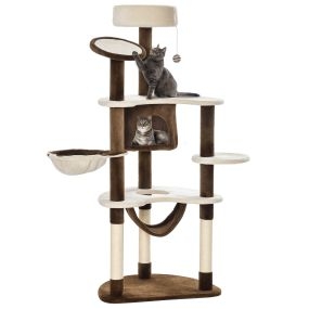 Árbol rascador para gatos grande 65x50x153 cm con plataforma, poste, hamaca, bolas y cueva marrón