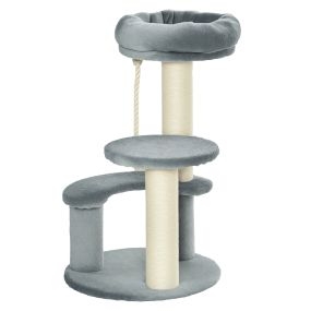 Árbol rascador para gato Ø40x65 cm con 3 niveles, cuerda colgante, felpa y sisal natural y gris