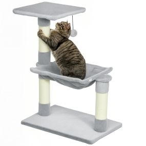 Árbol rascador para gatos 50x36x70 cm con hamaca, plataforma, postes de sisal y bola colgante gris claro