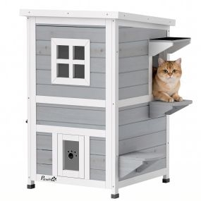 Caseta para Gatos de Madera Exterior, Casa para Gatos de 2 Niveles con Techo Abatible, Panel Central Extraíble, Ventanas, Puertas, para Terraza, Balcón, Jardín, 51x51x81,3 cm, Gris