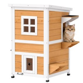 Caseta para Gatos de Madera Exterior, Casa para Gatos de 2 Niveles con Techo Abatible, Panel Central Extraíble, Ventanas, Puertas, para Terraza, Balcón, Jardín, 51x51x81,3 cm, Natural