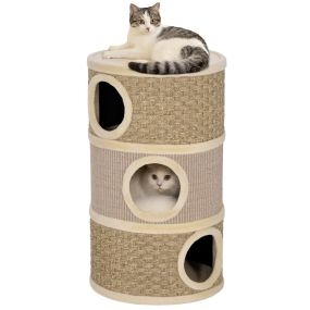 Barril rascador para gatos de 3 niveles, 79 cm, sisal y algas marinas, caqui y café