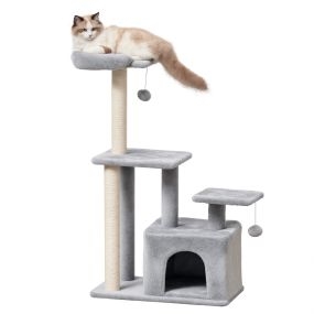 Árbol rascador para gatos 114 cm con postes de sisal 3 plataformas casita y 2 bolas colgantes gris claro