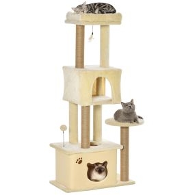 Árbol rascador para gatos grande 60x34x136 cm con plataformas, cuevas y bola colgante beige