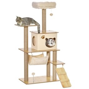 Árbol rascador para gatos 130 cm con 5 plataformas, hamaca, escalera, cueva y postes de yute beige