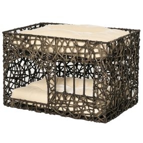 Cesta de Ratán para Gatos de 2 Alturas Cama Cueva de Gatos con 2 Cojines Suaves y Ventana 56x41x45 cm Café Oscuro