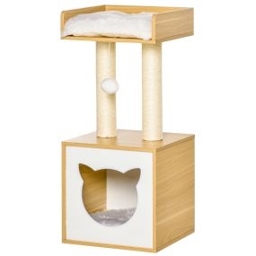 Árbol para gatos de 2 niveles con cueva, cama superior, postes de sisal, cojines lavables y bola 35x35x81 cm roble y blanco
