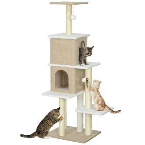 Árbol rascador para gatos de borreguito 140 cm con 2 nidos, plataformas y poste de sisal marrón claro