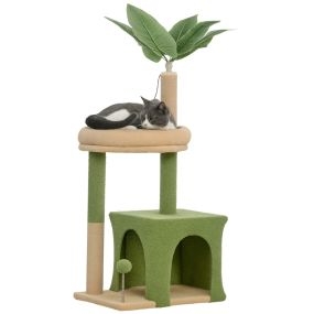 Árbol rascador para gatos 98 cm con hojas artificiales, cueva, cama, postes y bolas, verde