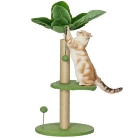 Árbol Rascador para Gatos 83 cm con Hojas Artificiales, Torre para Gatos con Poste de Yute, Plataformas de Felpa, 2 Juguetes de Bolas, Verde