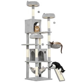 Árbol rascador grande para gatos 192 cm de felpa gris claro con 3 camas, 2 casitas y 2 hamacas