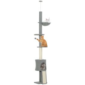 Árbol para gatos de suelo a techo ajustable 220-240 cm con hamaca, plataformas, cuevas, rampa y bola gris claro
