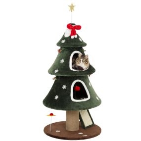 Árbol rascador para gatos 132 cm diseño Navidad felpa con 2 casitas escalera de sisal verde