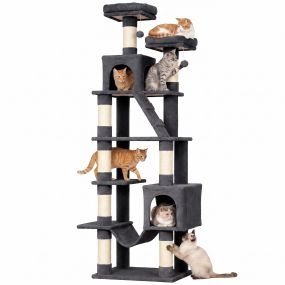 Árbol rascador para gatos 204 cm multinivel con 2 cuevas, 2 camas, hamaca y postes de sisal, gris oscuro