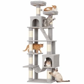 Árbol rascador para gatos 204 cm multinivel con 2 cuevas, 2 camas, hamaca y postes de sisal gris claro