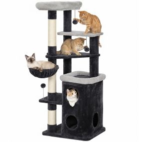Árbol Rascador para Gatos 148 cm con Caseta de 2 Niveles, Torre Multinivel con 2 Camas, Hamaca, Postes de Sisal, 3 Bolas Colgantes, Tela de Felpa, para 1-2 Gatos, Gris Oscuro