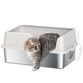 Arenero para gatos de acero inoxidable XL 60x40x28 cm gris claro