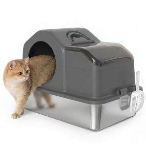 Arenero para Gatos Cubierto Extragrande Caja de Arena Cerrado con Bandeja de Acero Inoxidable Tapa Extraíble Bordes Altos Tapetes Pala sin Olor Fácil de Limpiar para Gatos Grandes Gris Oscuro
