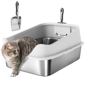 Arenero para gatos de acero inoxidable XL con borde alto, pala metálica, gris, 60,2x40,2x29,7 cm