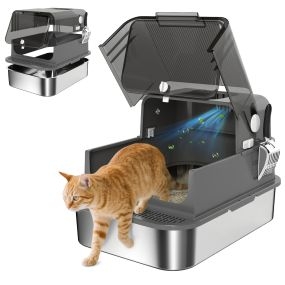 Arenero para gatos de acero inoxidable XXL negro con tapa abatible y entrada superior