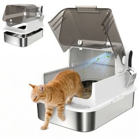 Arenero para gatos de acero inoxidable XXL blanco con tapa abatible, laterales altos y entrada superior