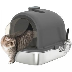 Arenero para Gatos Cubierto de Acero Inoxidable, Caja de Arena para Gatos, Arenero con Bolsa Desodorizante, Pala, Control de Olores, Antiadherente y Fácil de Limpiar, Gris Oscuro