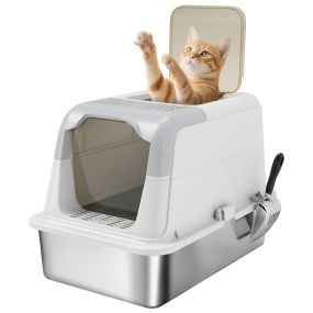 Arenero para Gatos de Acero Inoxidable XL con Tapa Abatible, Caja de Arena Cerrada, Borde Alto, 2 Entradas, Pala Metálica, Bolsa Desodorizante, Fácil de Limpiar, Antifugas, Antiolor, Blanco