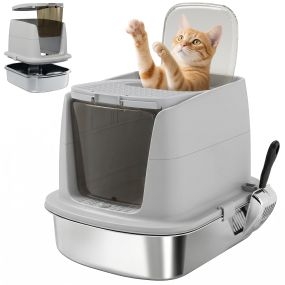 Arenero para gatos de acero inoxidable L con tapa abatible y pala metálica gris claro