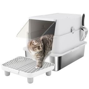 Arenero cerrado XL de acero inoxidable para gatos grandes, gris claro, con tapa abatible y pala metálica