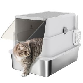 Arenero cerrado XL de acero inoxidable para gatos grandes, gris claro, con tapa abatible y pala
