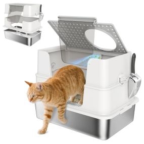 Arenero para gatos de acero inoxidable XL con tapa abatible, laterales altos y entrada superior gris claro