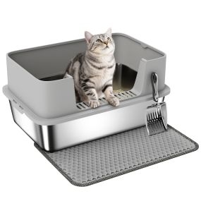 Arenero para gatos de acero inoxidable XL con borde alto, alfombrilla y pala, 60x40x29,5 cm gris