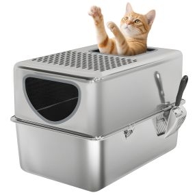 Arenero para gatos de acero inoxidable XL con pala, aberturas dobles, fácil de limpiar, plata