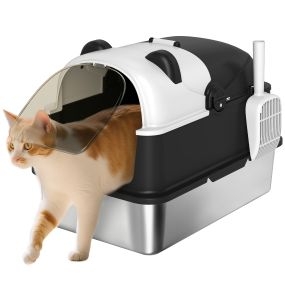 Arenero cubierto XL de acero inoxidable para gatos grandes, negro, con tapa abatible y pala