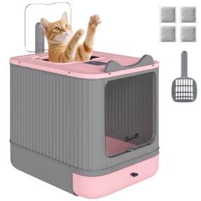 Arenero cubierto para gatos medianos M rosa con tapa abatible, entrada frontal y salida superior