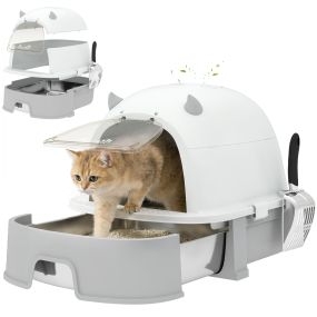 Arenero para Gatos, L, Caja de Arena para Gatos con Tapa Extraíble y Bandeja de Acero Inoxidable Extraíble, Pala, Filtros de Carbón, Fácil de Limpiar, Antifugas, Control de Olores, Gris