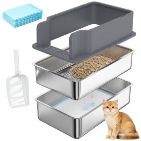Arenero para gatos de acero inoxidable L con bandeja de tamizado, borde alto y gris oscuro